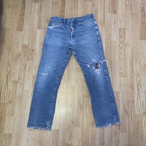 VTG LL Bean Jean Mens 36x32 Red Plaid Blue Ripped Jeans 100% Cotton Made in USA